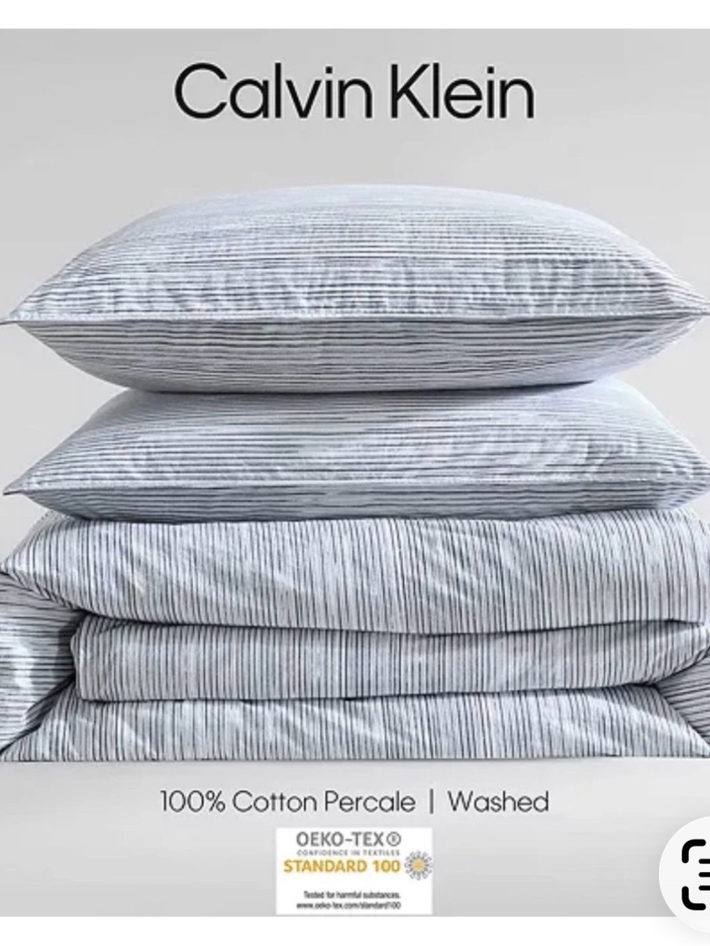 Calvin Klein Washed Cotton Percale Pinstripe Duvet Cover in Light Gray and White